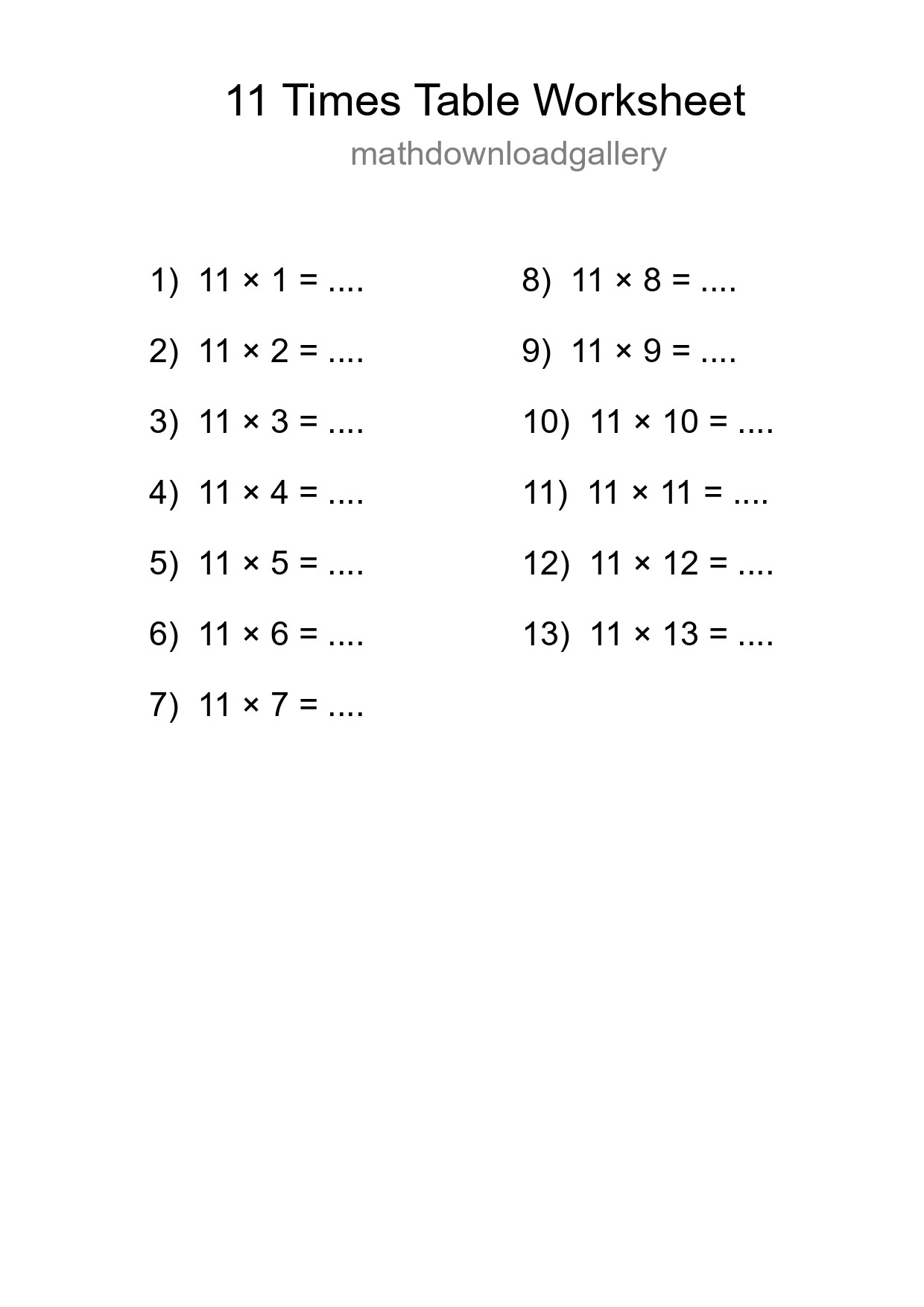 11 Times Table Worksheet For Grade 4 - Part 152