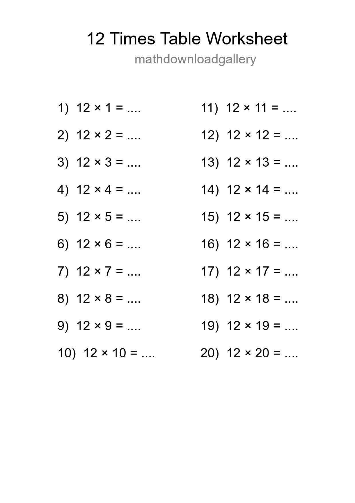 12 Times Table Worksheet For Grade 4 With Answers - Part 218