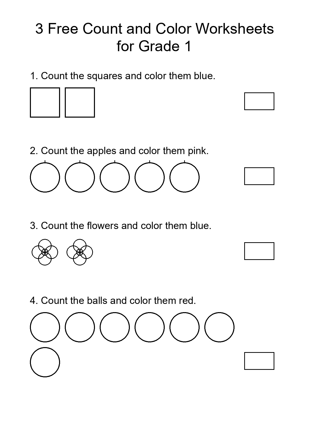 3 Free Count and Color Worksheets for Grade 1