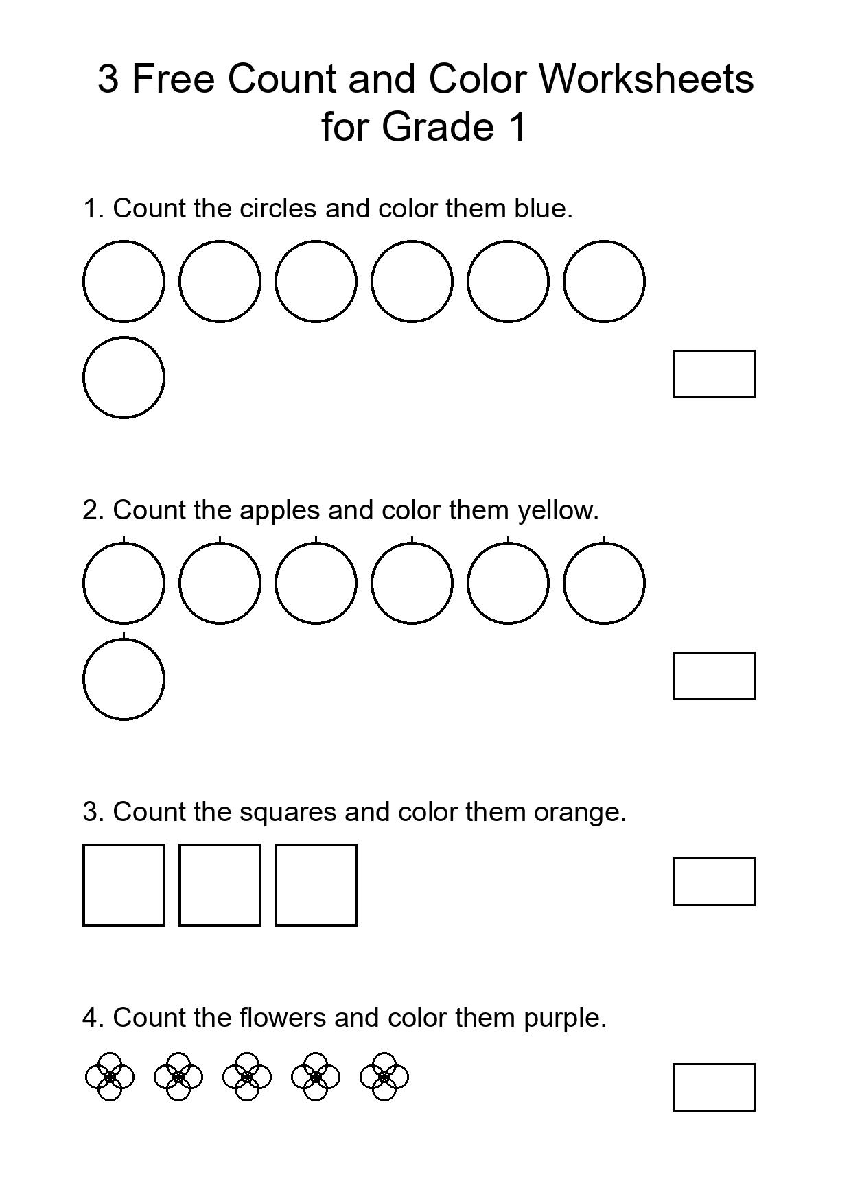 3 Free Count and Color Worksheets for Grade 1