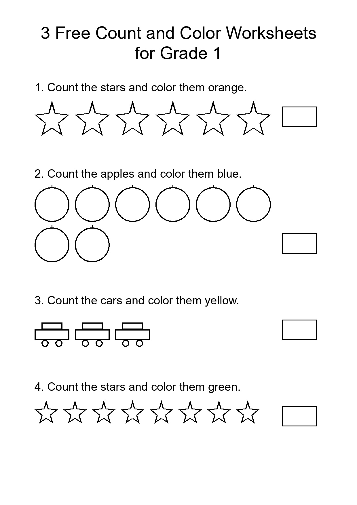 3 Free Count and Color Worksheets for Grade 1