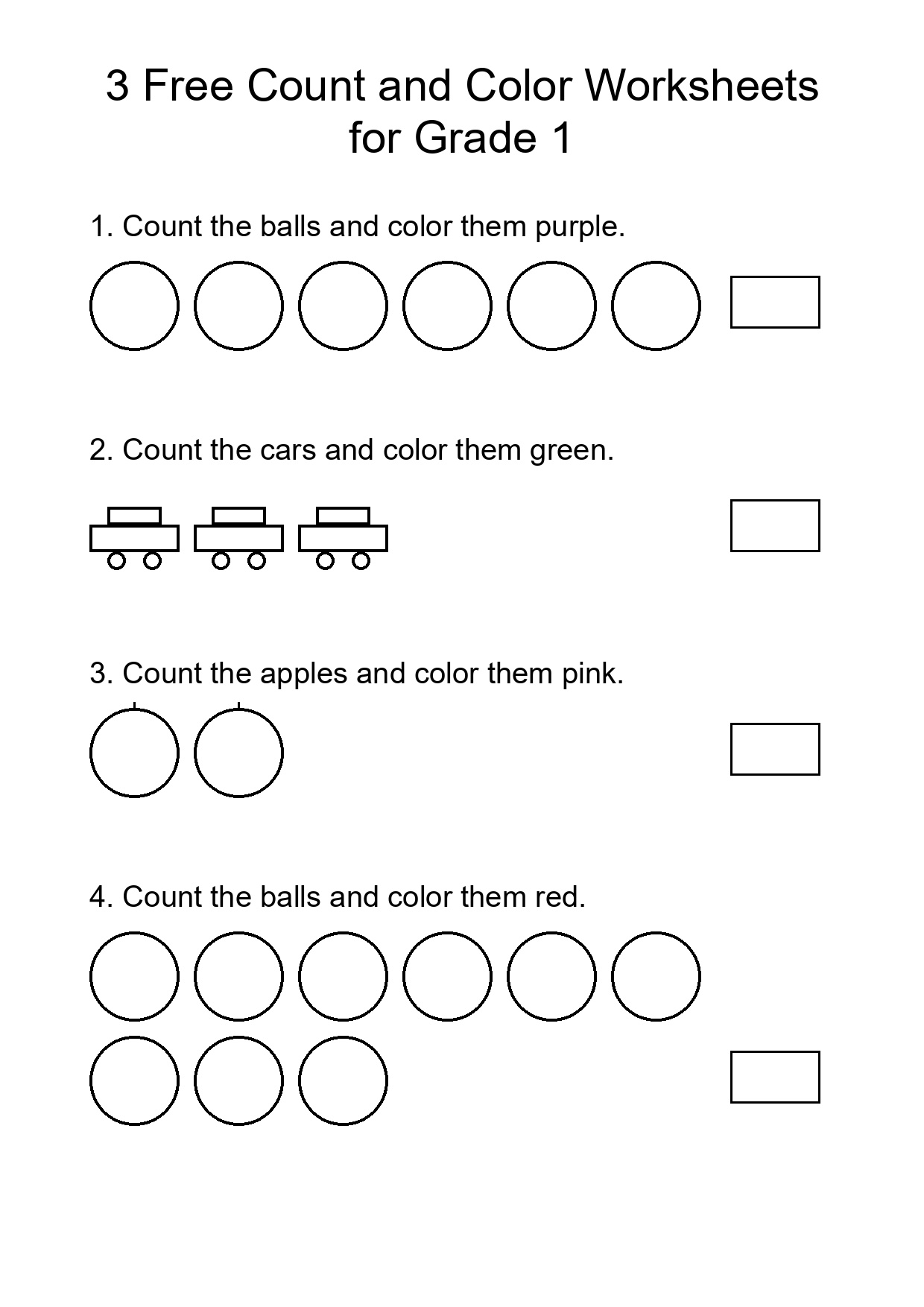 3 Free Count and Color Worksheets for Grade 1