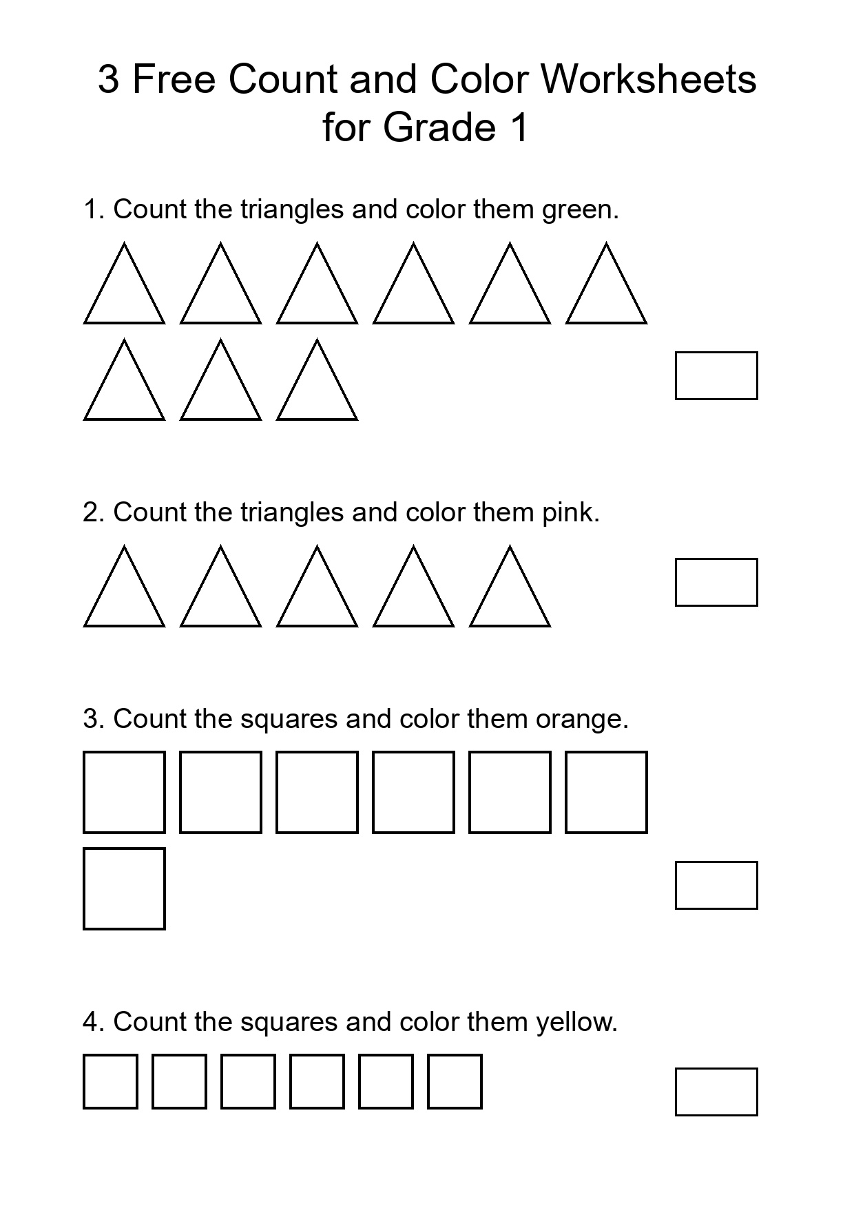 3 Free Count and Color Worksheets for Grade 1