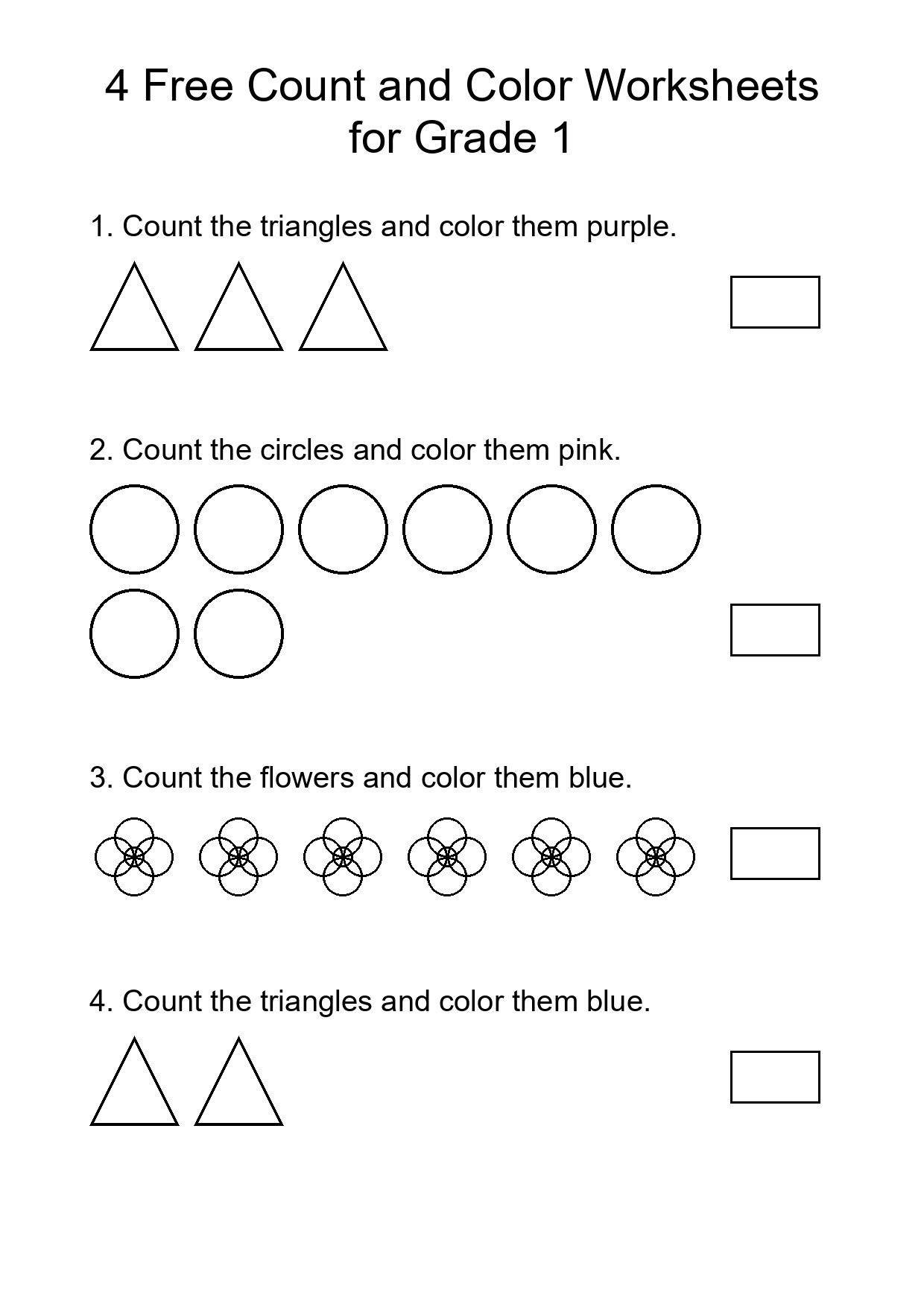 4 Free Count and Color Worksheets for Grade 1