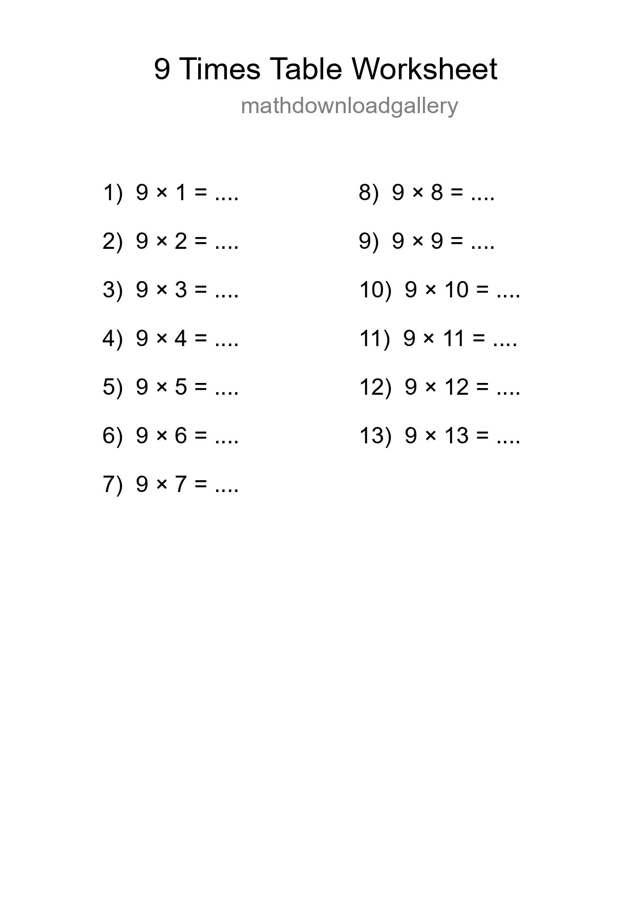 9 Times Table Worksheet For Grade 3 With Answers - Part 207