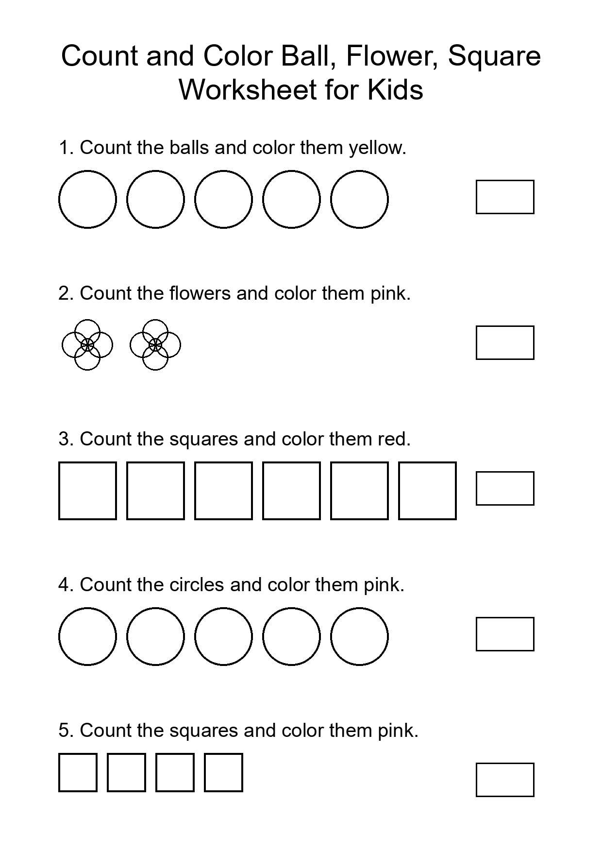 Count and Color Ball, Flower, Square Worksheet for Kids