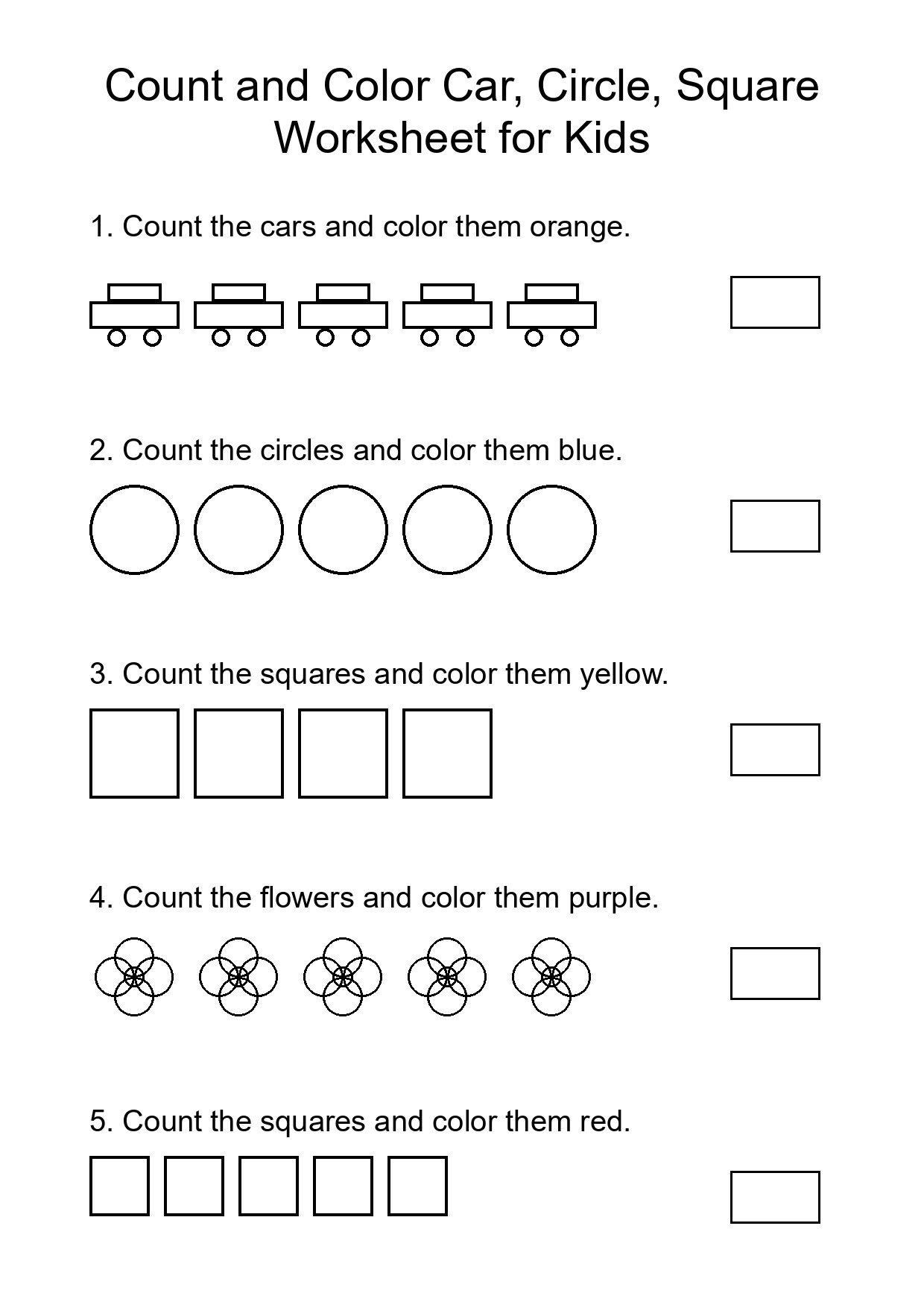 Count and Color Car, Circle, Square Worksheet for Kids