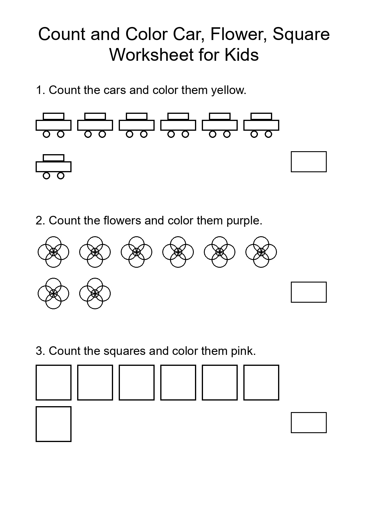 Count and Color Car, Flower, Square Worksheet for Kids