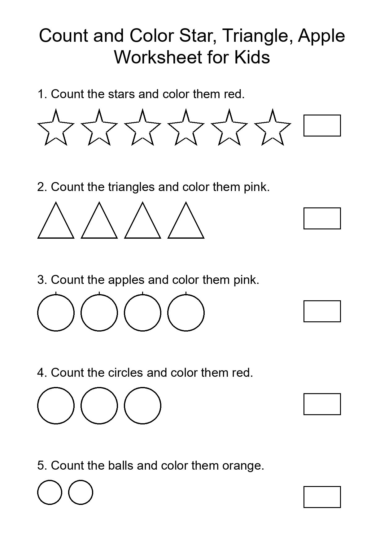 Count and Color Star, Triangle, Apple Worksheet for Kids