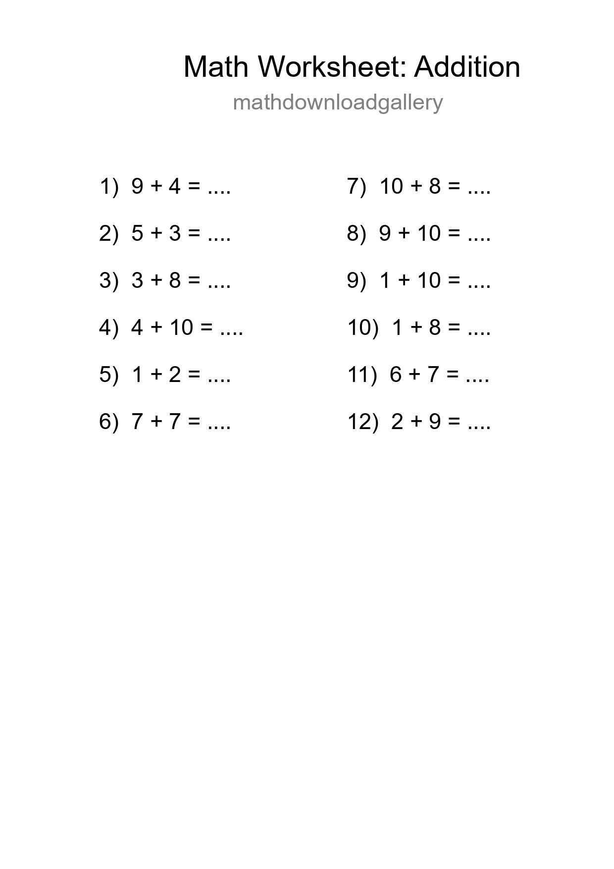 Free 12 Addition Math Worksheet For Grade 1 - Part 177