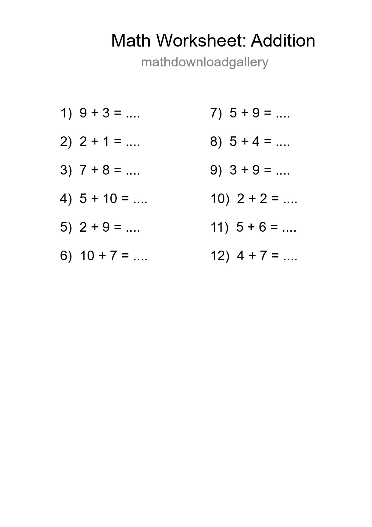 Free 12 Addition Math Worksheet For Grade 1 With Answers - Part 56