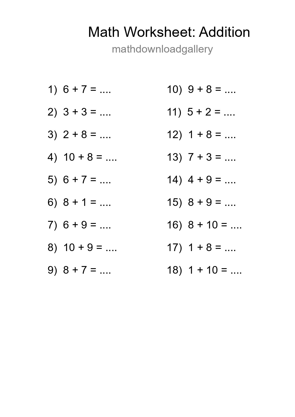 Free 18 Addition Math Worksheet For Grade 1 With Answers - Part 188