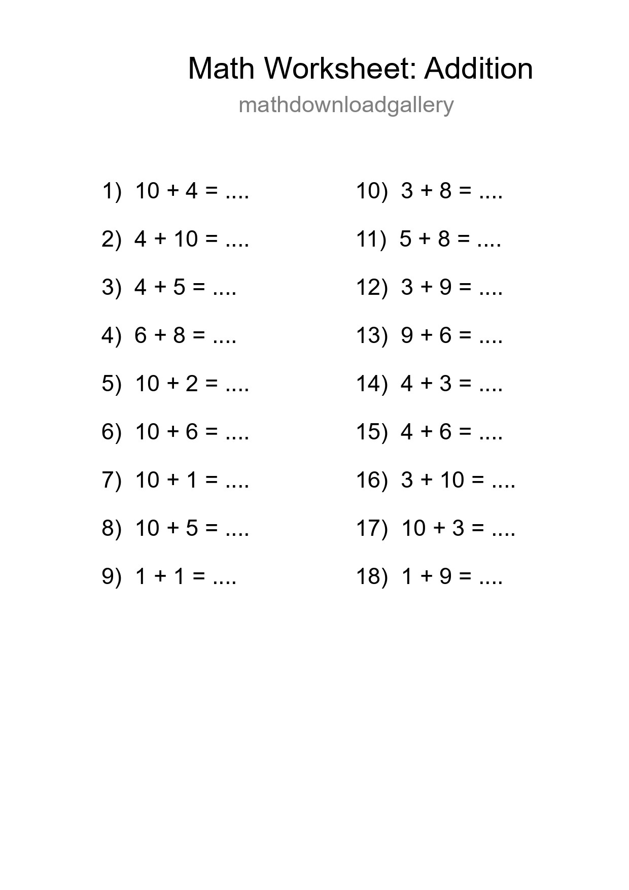 Free 18 Addition Math Worksheet For Grade 1 With Answers - Part 45