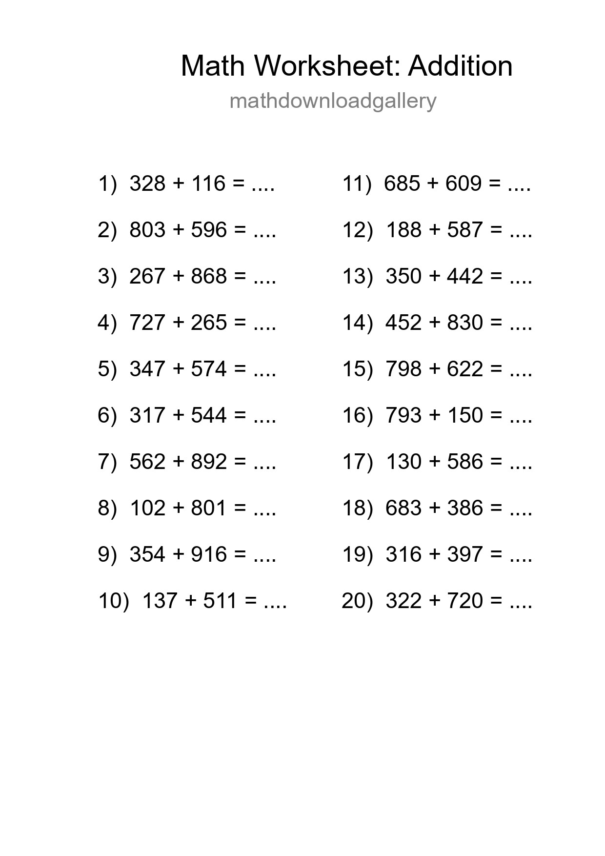 Free 20 Addition Math Worksheet For Grade 5 With Answers - Part 287