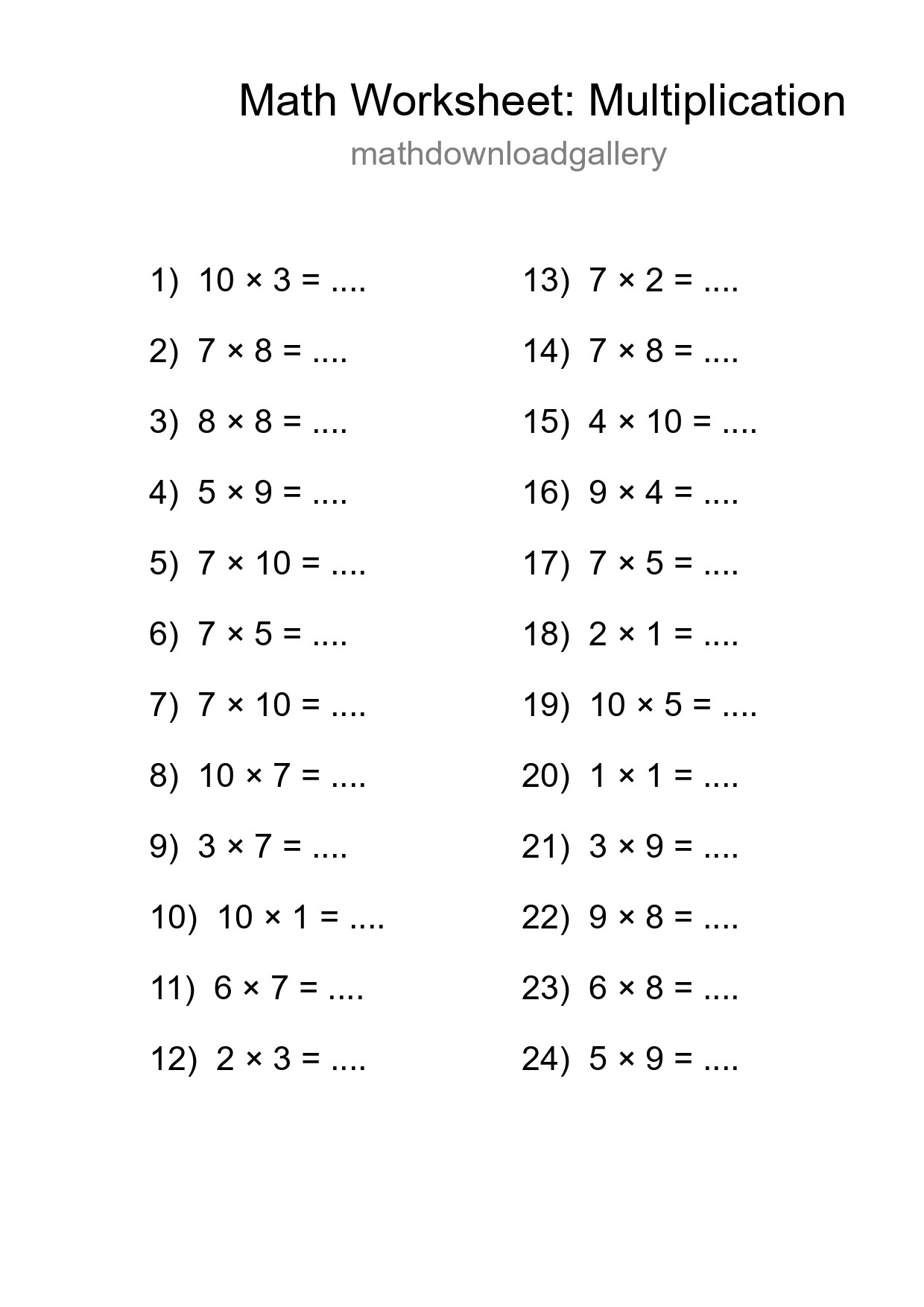 Free 24 Multiplication Math Worksheet For Grade 1 - Part 271