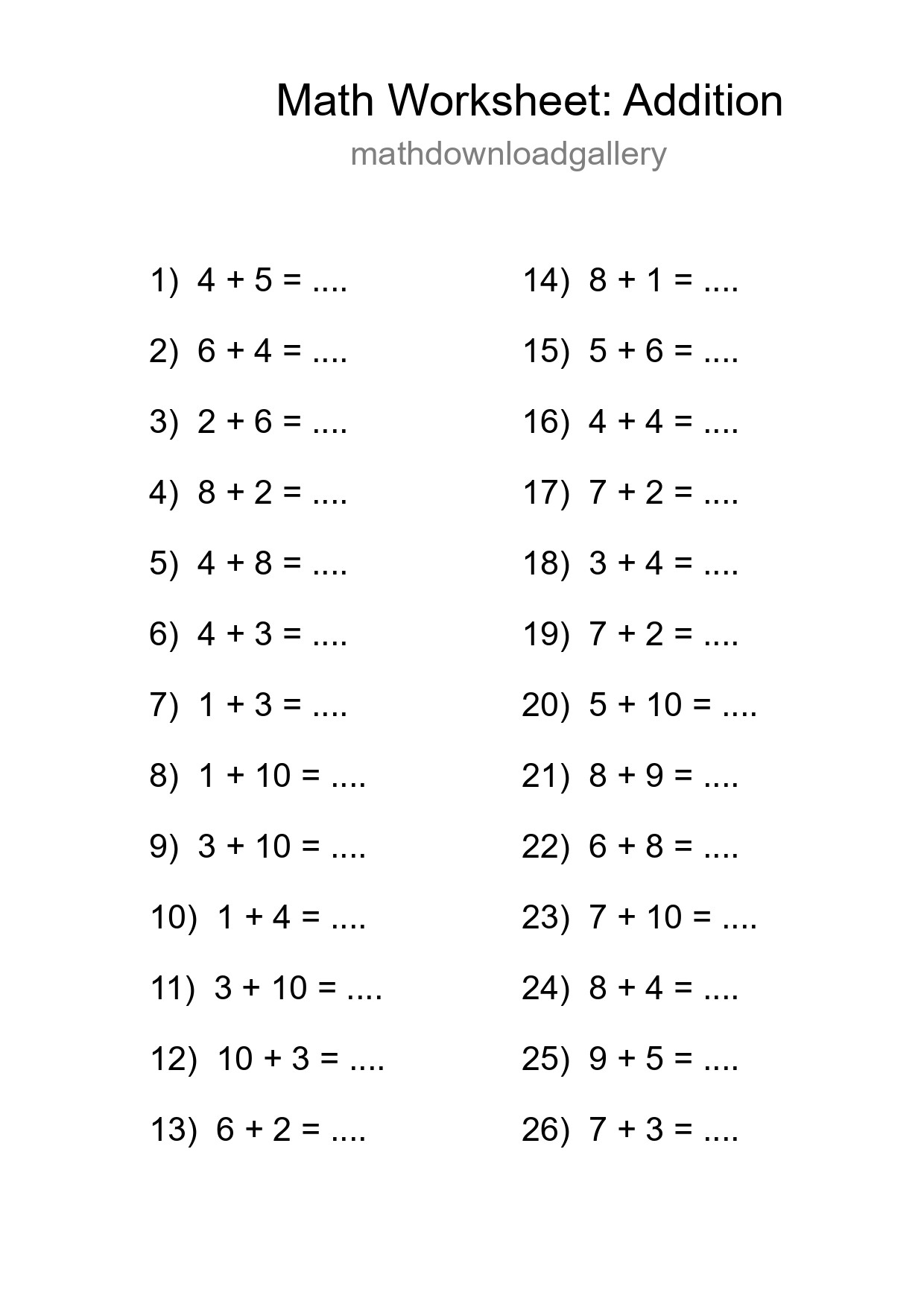 Free 26 Addition Math Worksheet For Grade 1 With Answers - Part 221