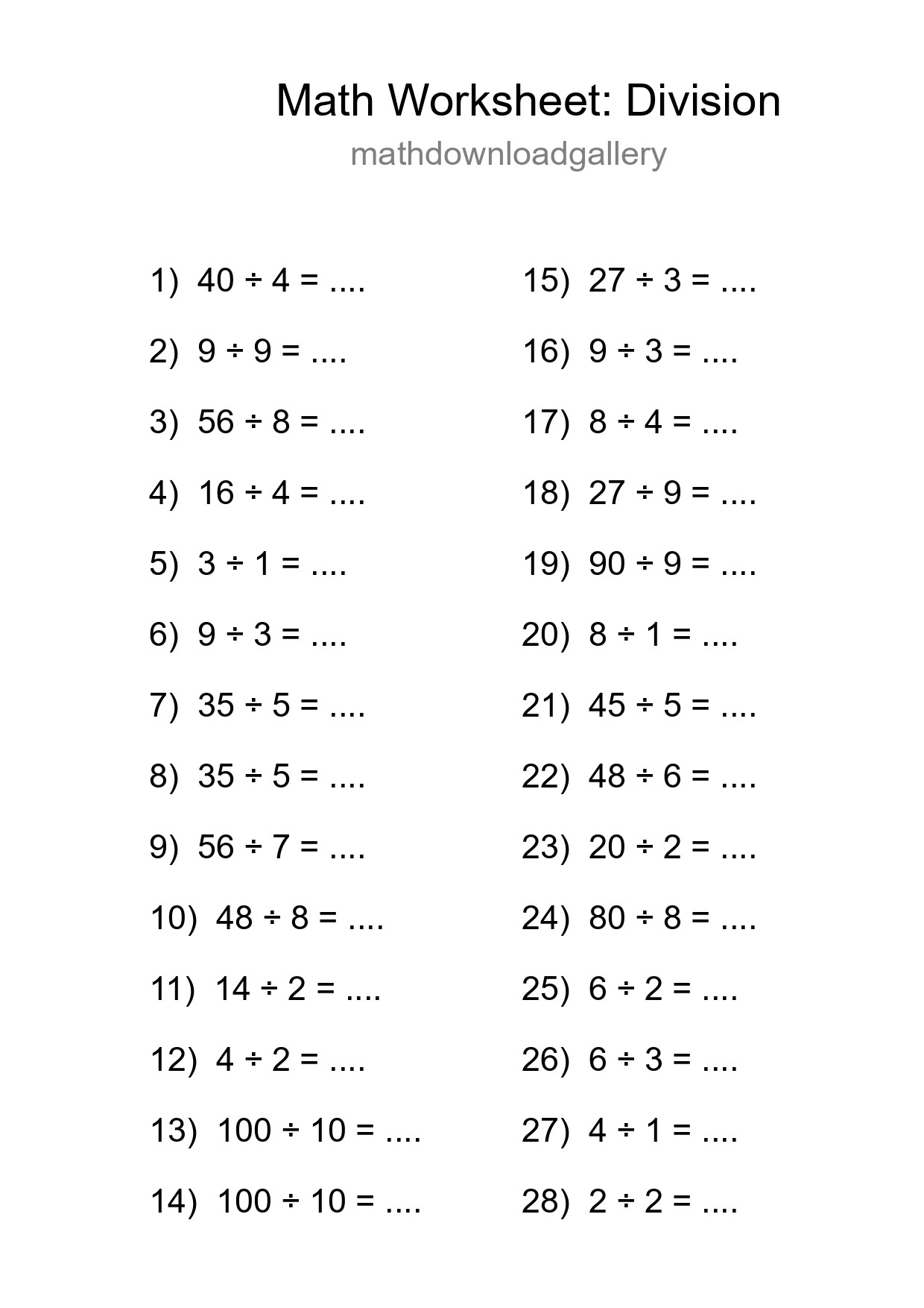 Free 28 Division Math Worksheet For Grade 1 With Answers - Part 235