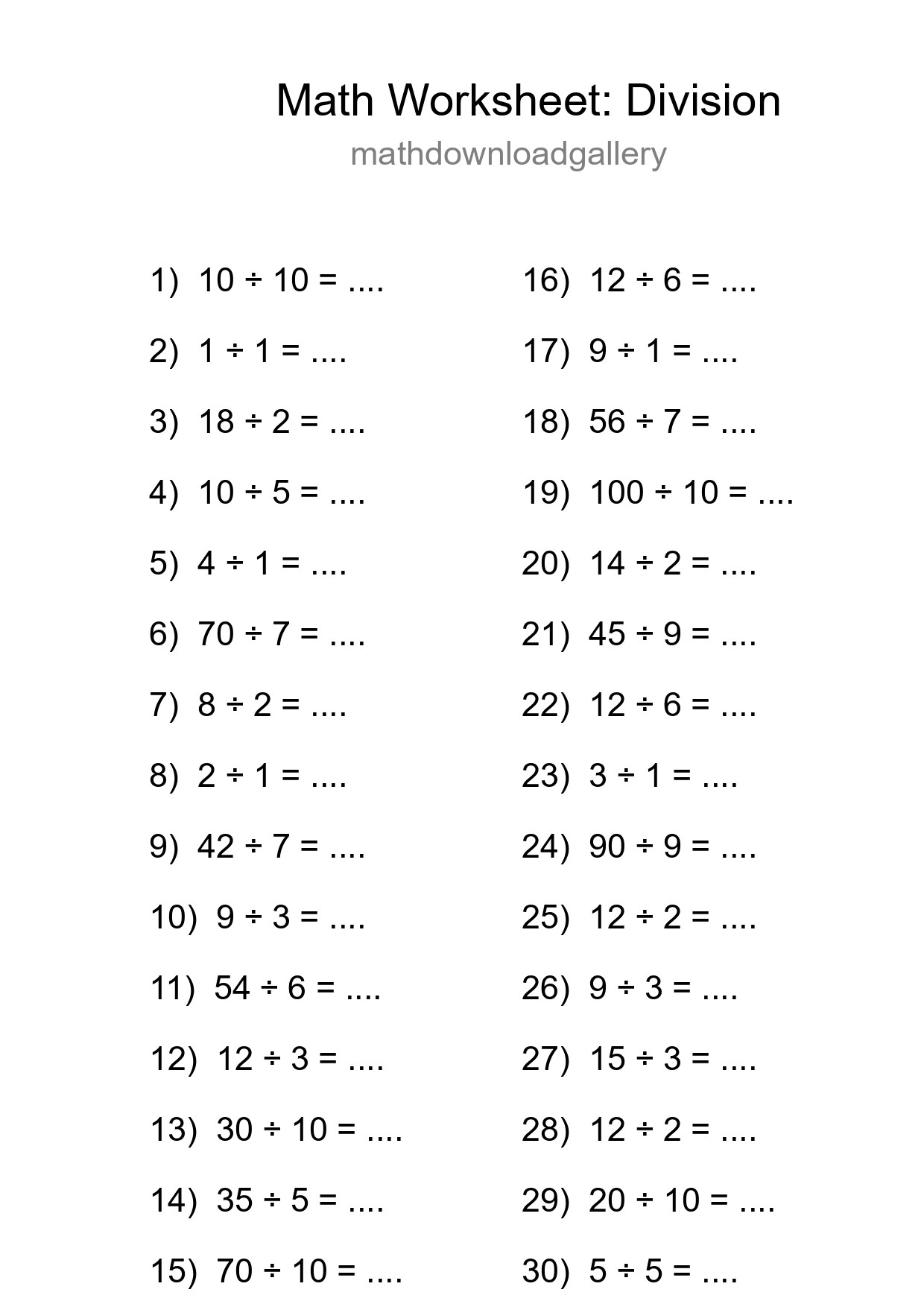 Free 30 Division Math Worksheet For Grade 1 With Answers - Part 70