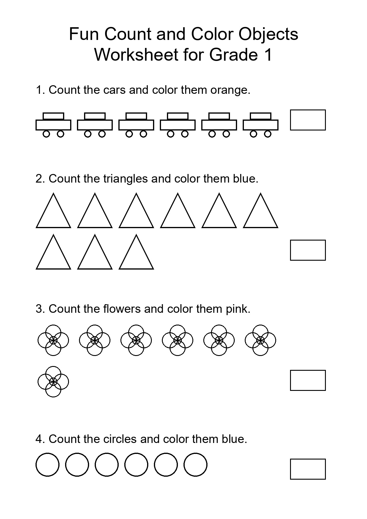 Fun Count and Color Objects Worksheet for Grade 1