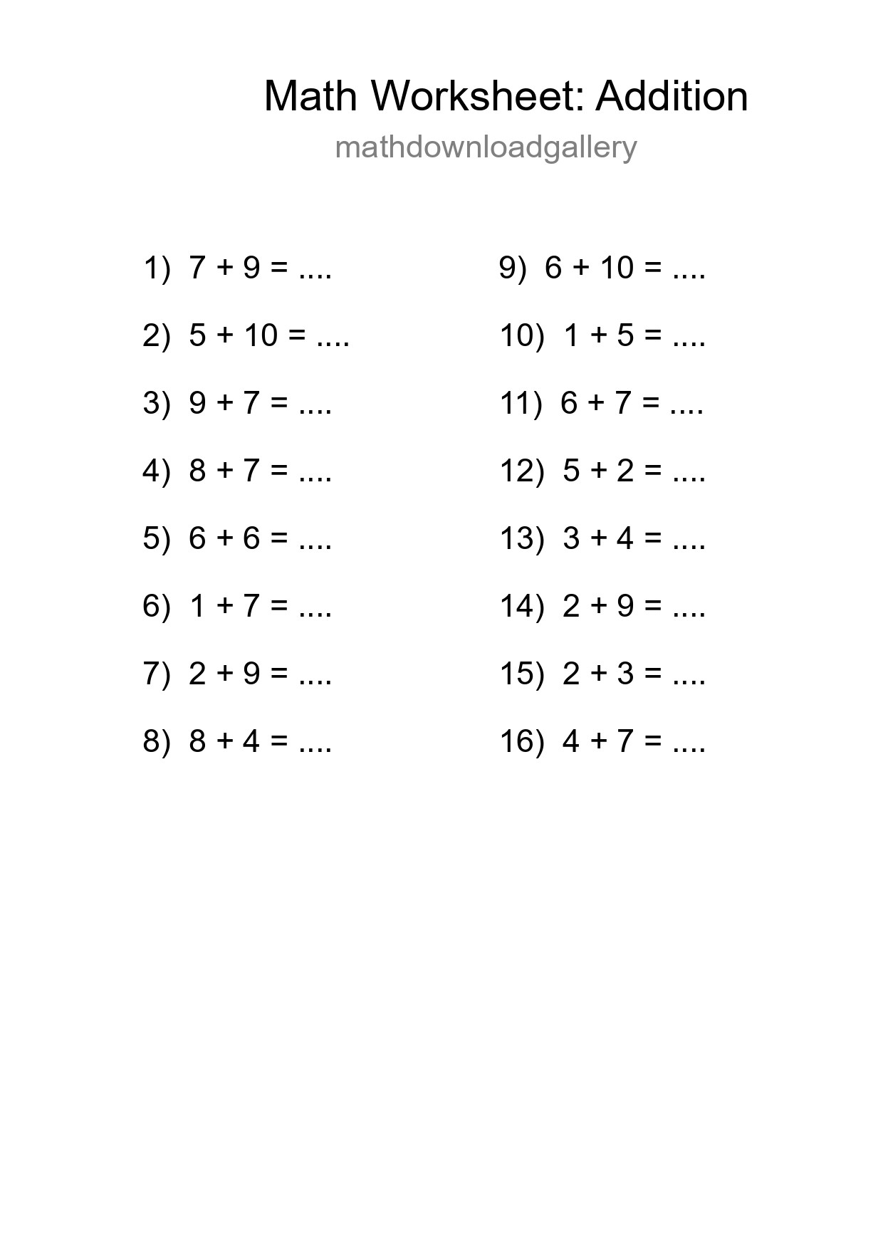 Grade 1 Addition Practice Worksheet (16 Problems) - Part 243