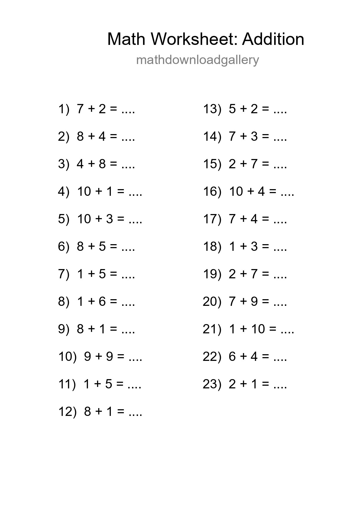 Grade 1 Addition Practice Worksheet (23 Problems) - Part 12