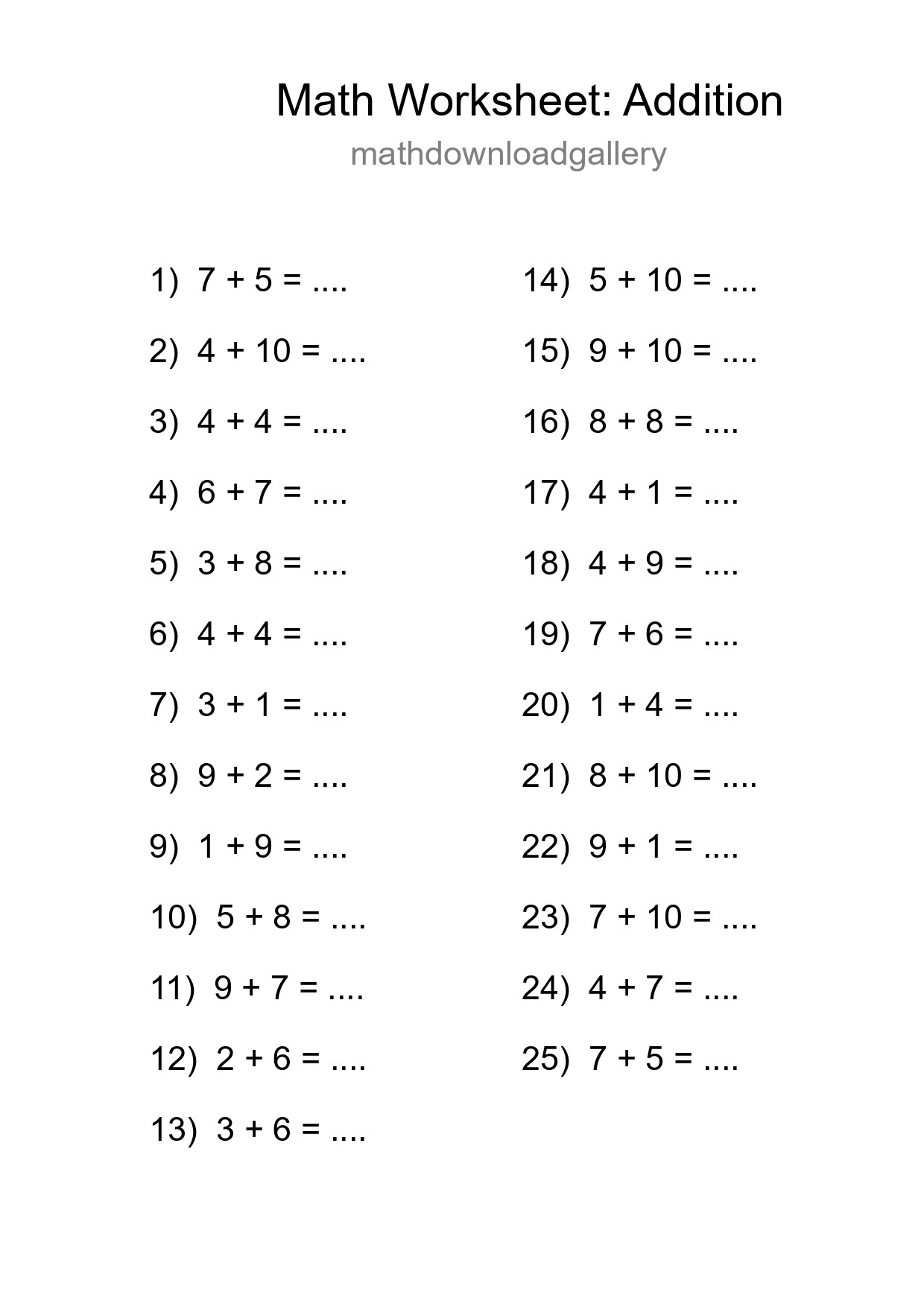 Grade 1 Addition Practice Worksheet (25 Problems)
