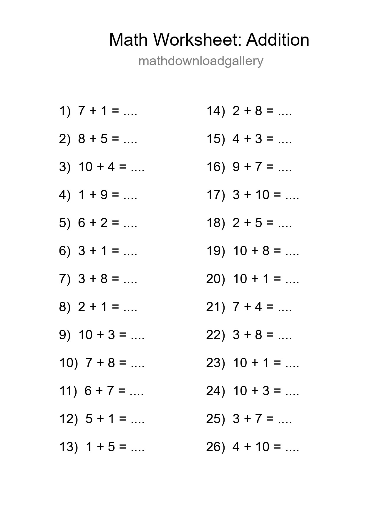 Grade 1 Addition Practice Worksheet (26 Problems) - Part 210