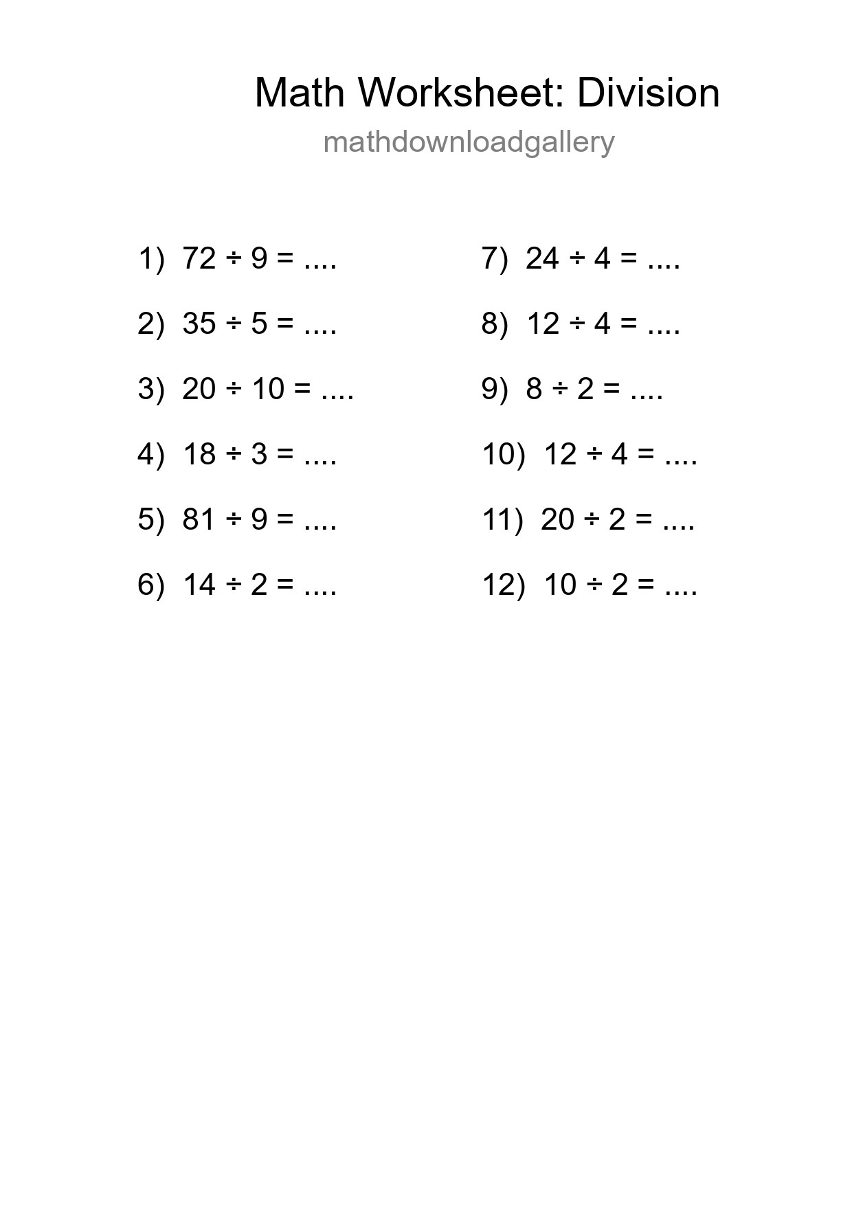 Grade 1 Division Practice Worksheet (12 Problems) - Part 81