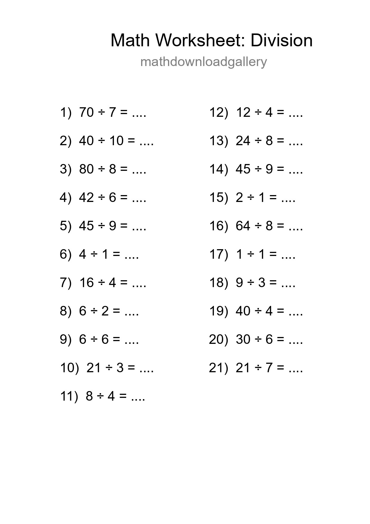 Grade 1 Division Practice Worksheet (21 Problems) - Part 114