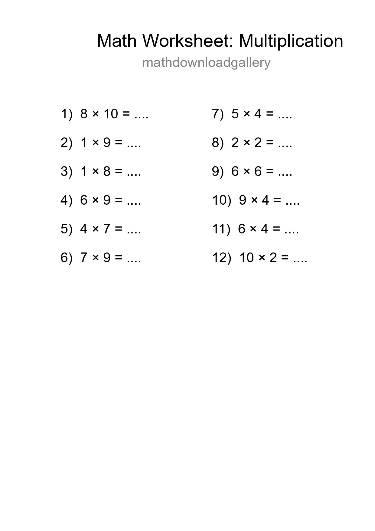 Grade 1 Multiplication Practice Worksheet (12 Problems) - Part 205