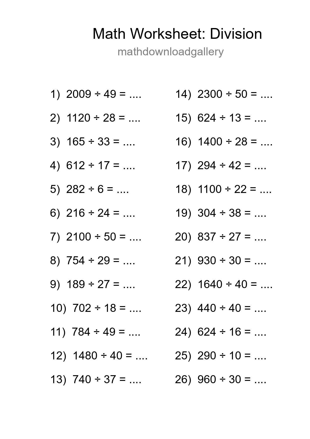 Grade 2 Division Practice Worksheet (26 Problems) - Part 202