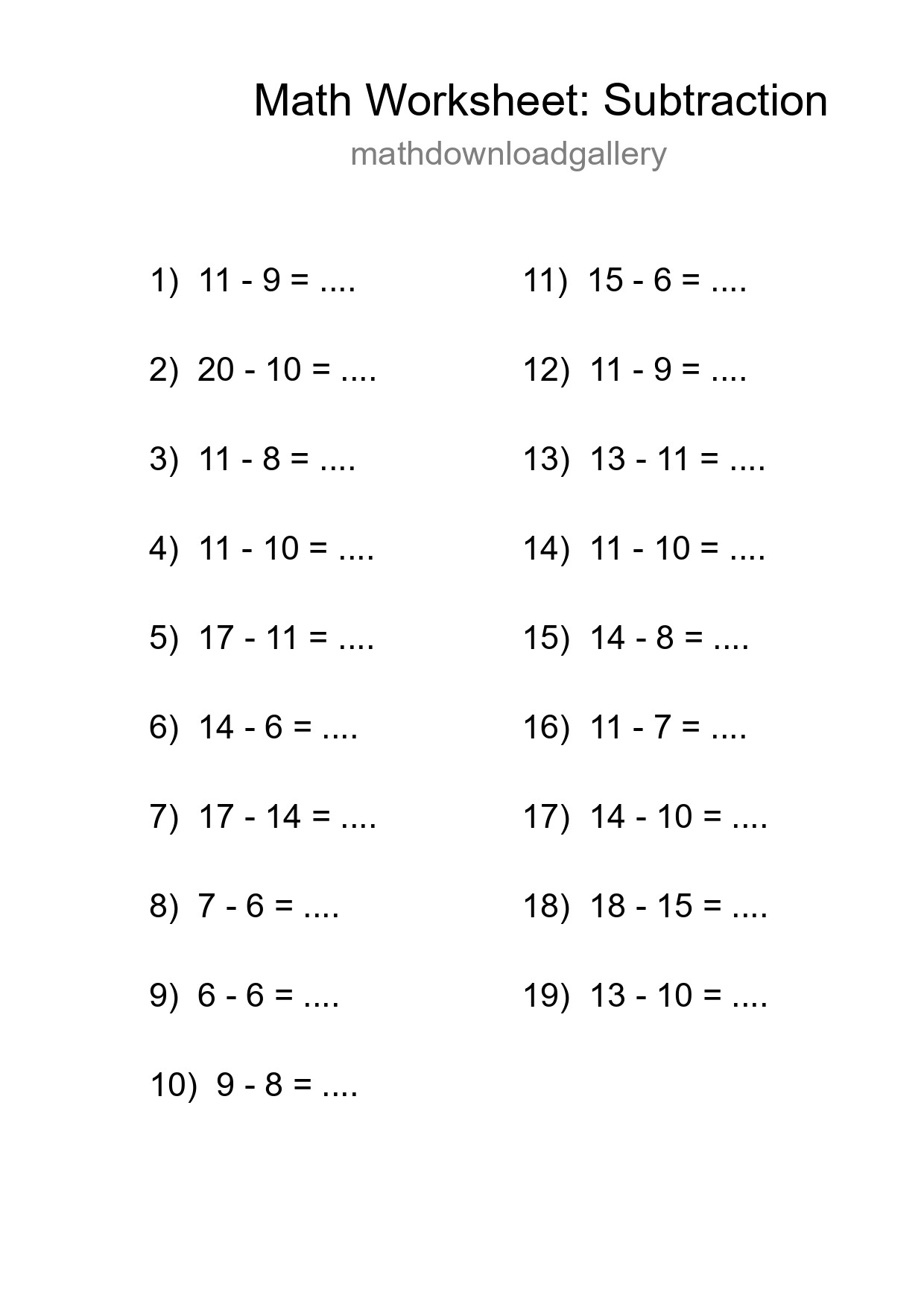 Grade 2 Subtraction Practice Worksheet (19 Problems) - Part 8