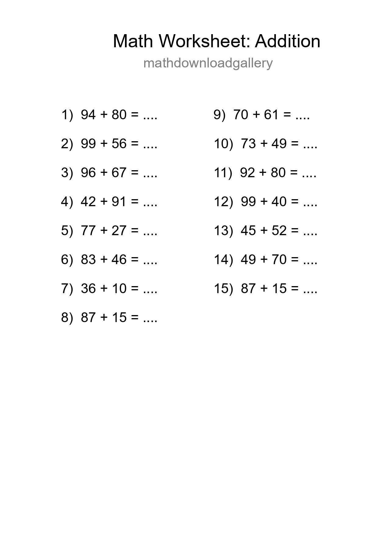 Grade 3 Addition Practice Worksheet (15 Problems) - Part 276