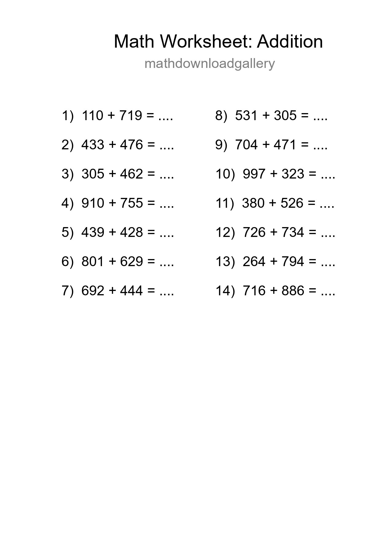 Grade 5 Addition Practice Worksheet (14 Problems) - Part 199
