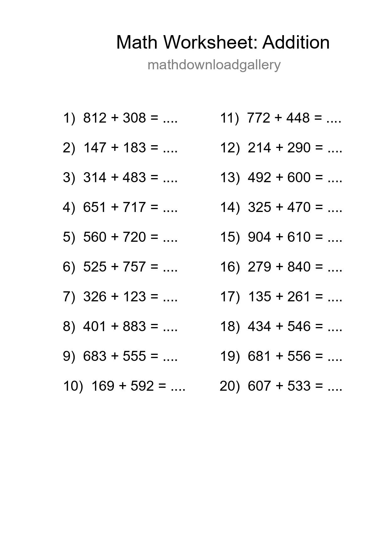 Grade 5 Addition Practice Worksheet (20 Problems) - Part 265