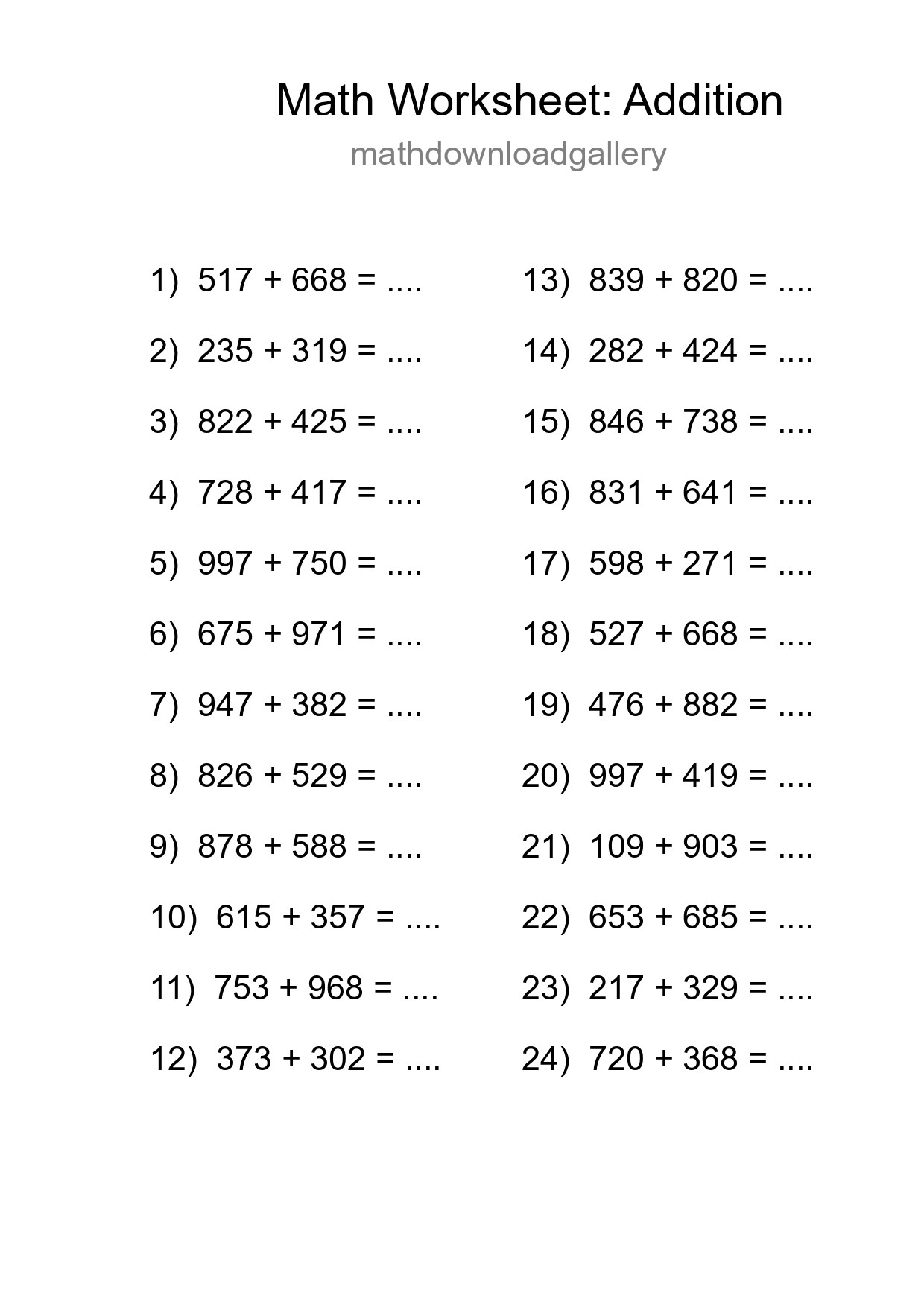 Grade 5 Addition Practice Worksheet (24 Problems) - Part 34