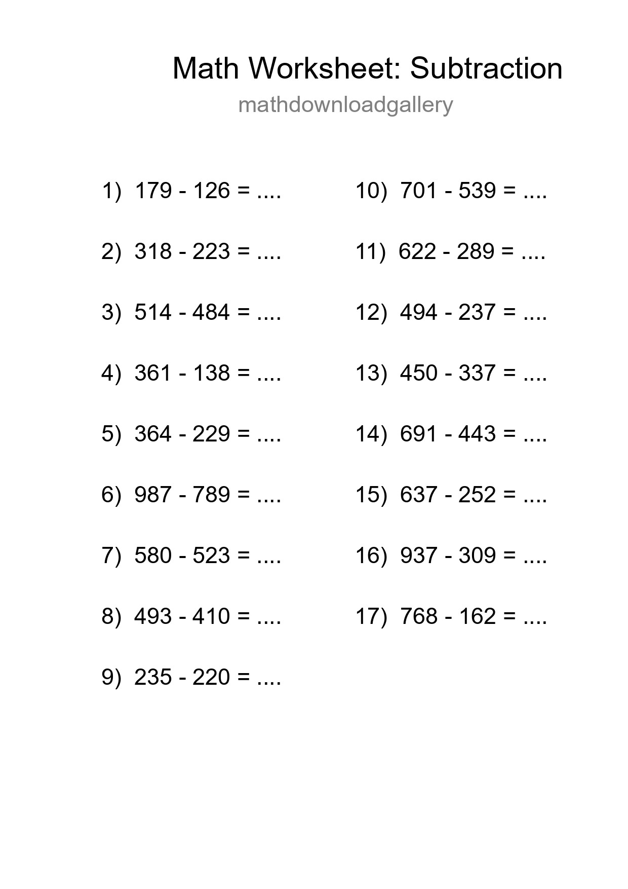 Grade 5 Subtraction Practice Worksheet (17 Problems) - Part 206