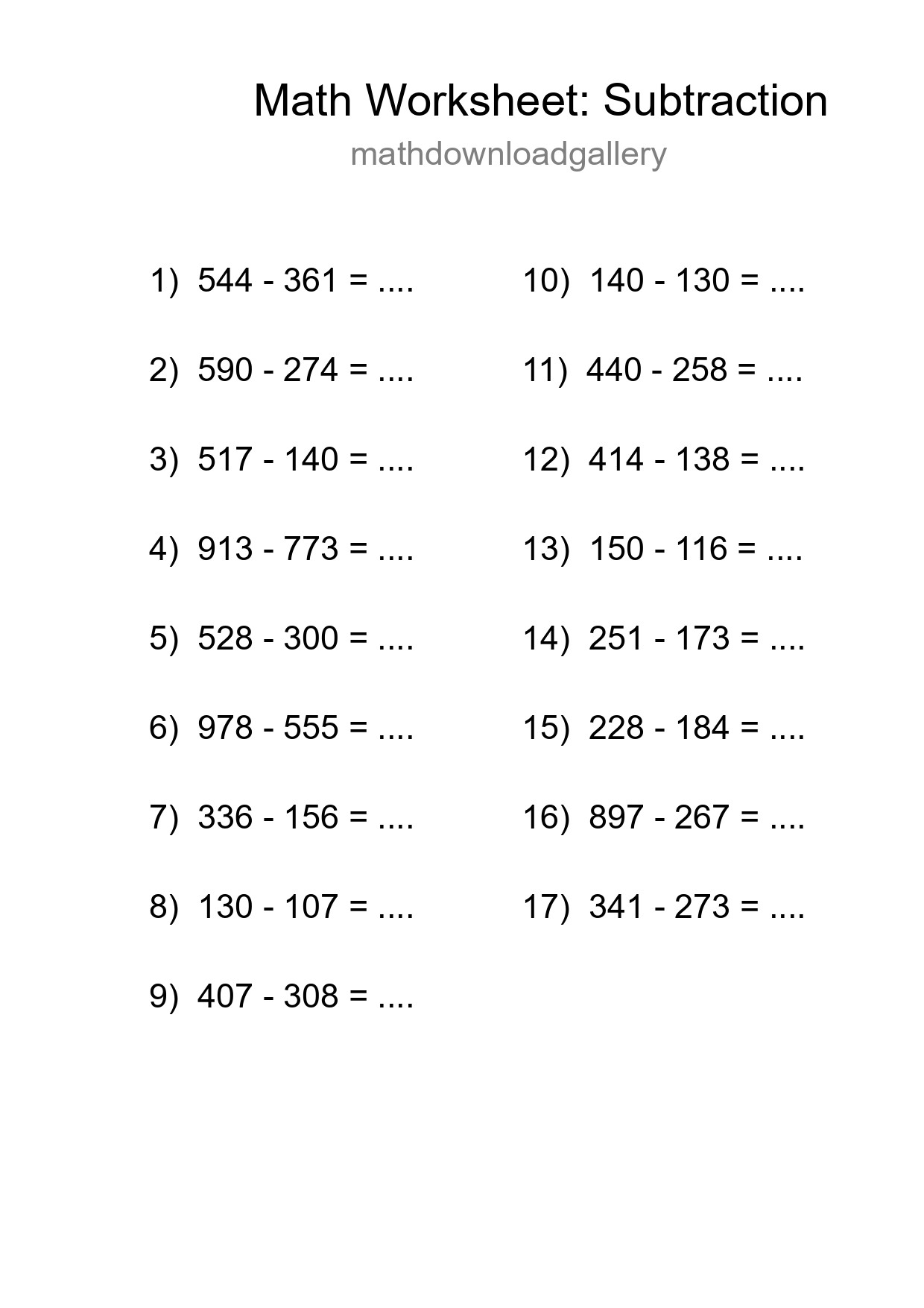 Grade 5 Subtraction Practice Worksheet (17 Problems) - Part 52