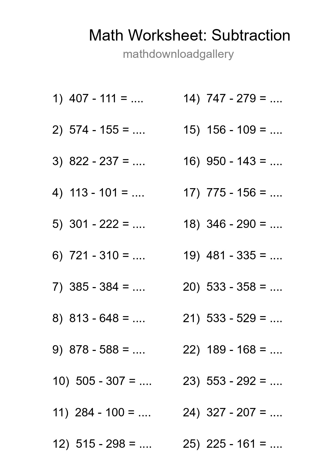 Grade 5 Subtraction Practice Worksheet (25 Problems) - Part 85