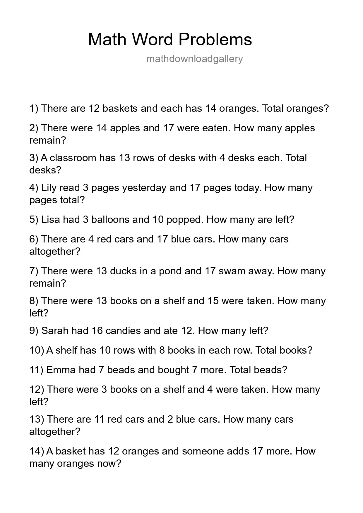 Math Word Problem Worksheet
