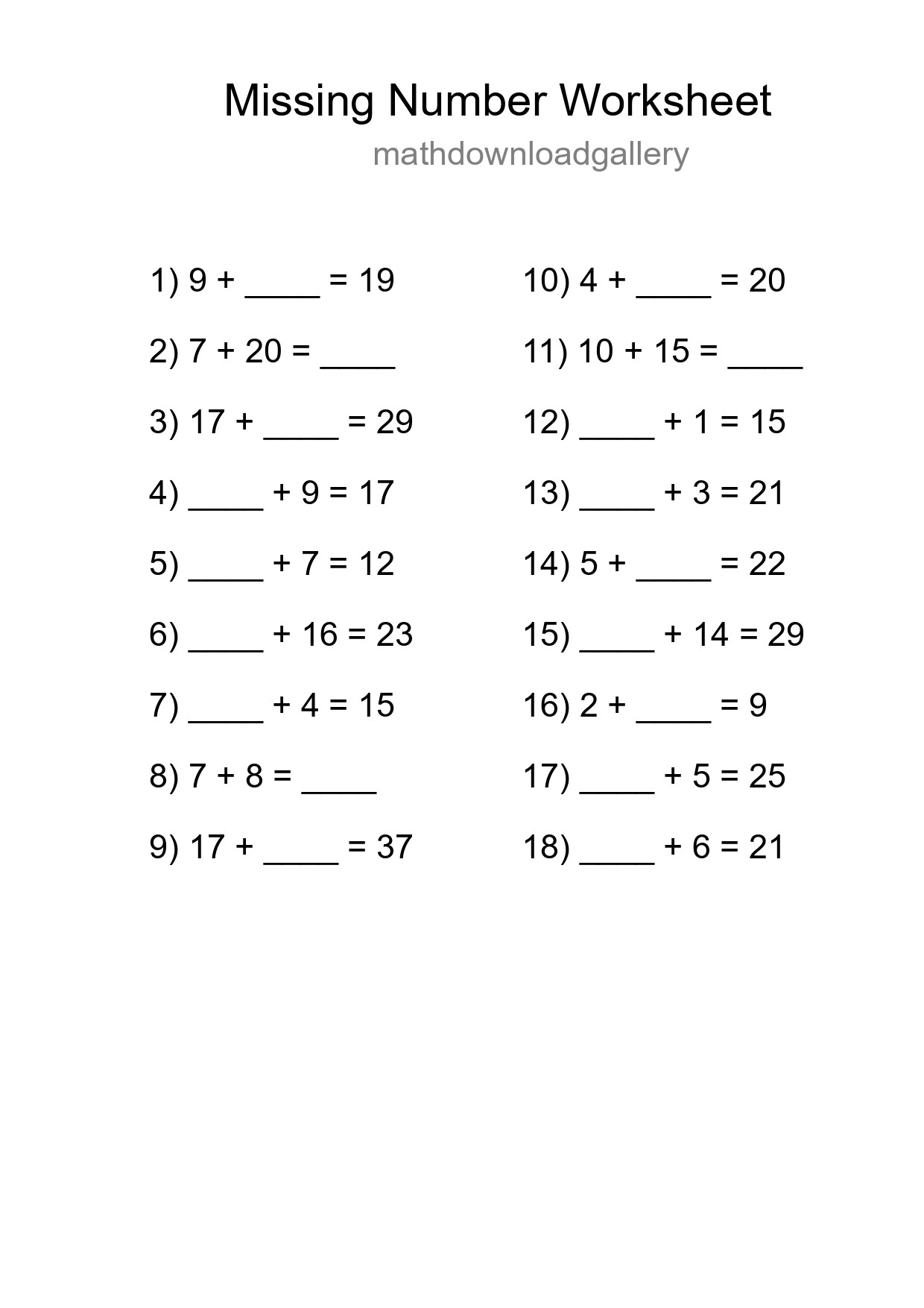 Missing Number Math Worksheet