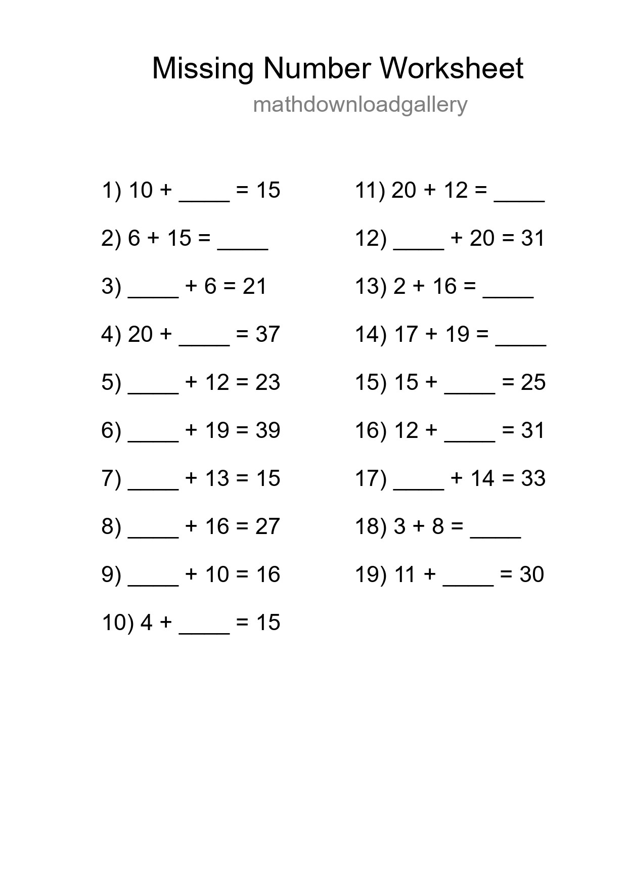 Missing Number Math Worksheet
