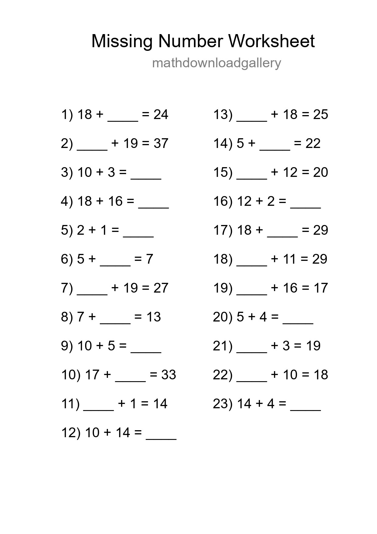 Missing Number Math Worksheet