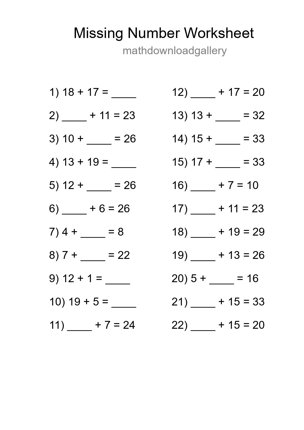 Missing Number Math Worksheet