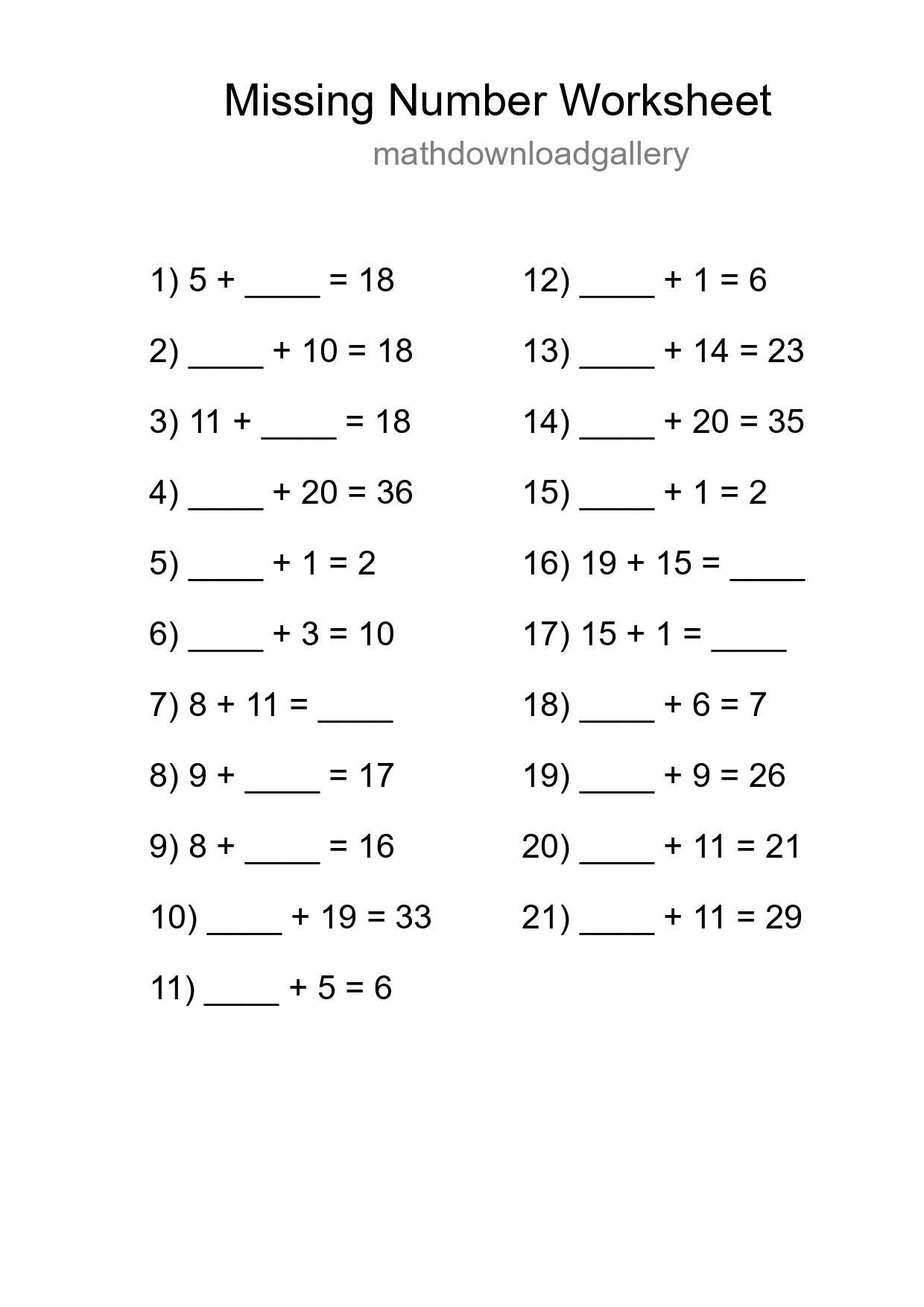 Missing Number Math Worksheet
