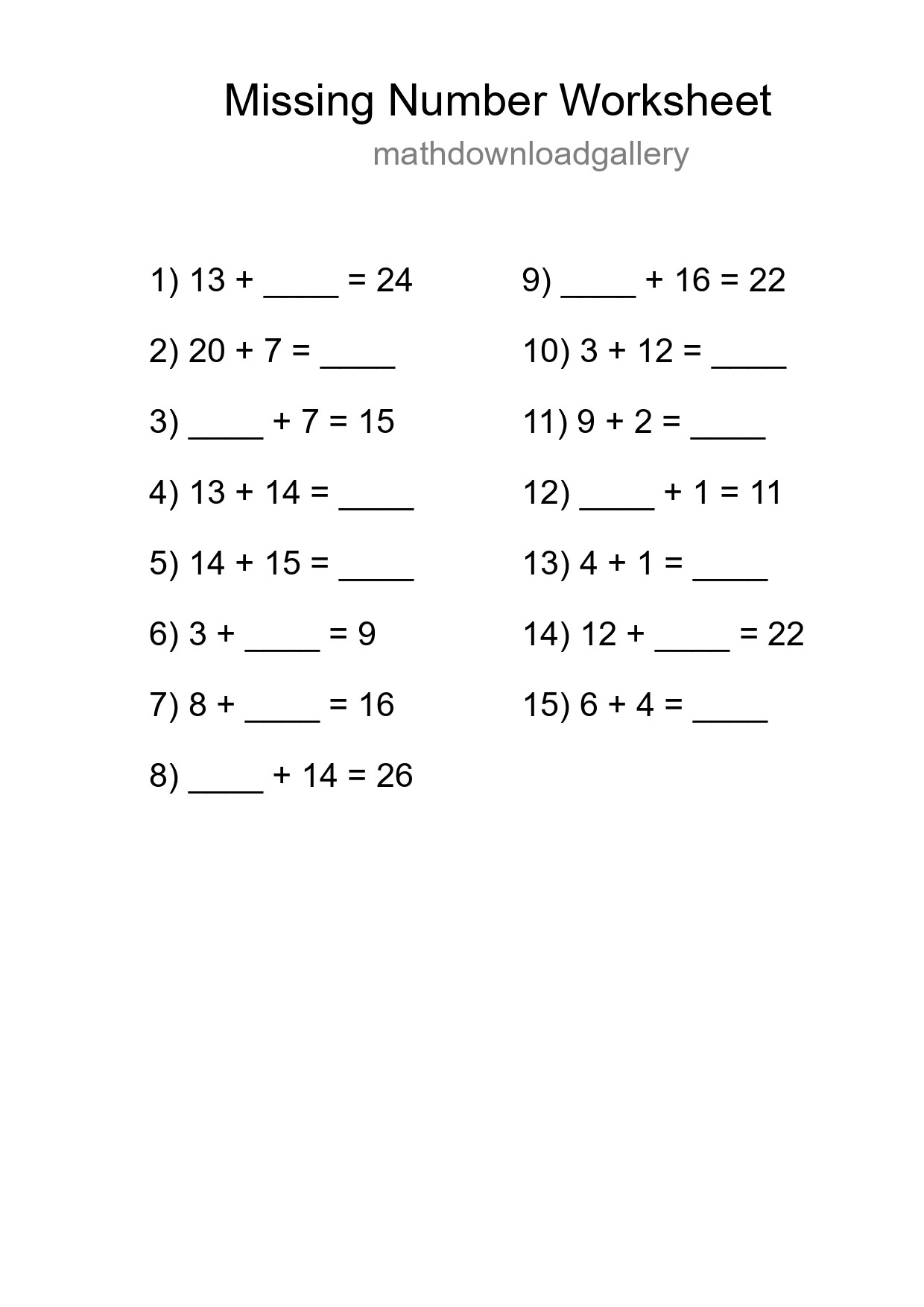 Missing Number Math Worksheet