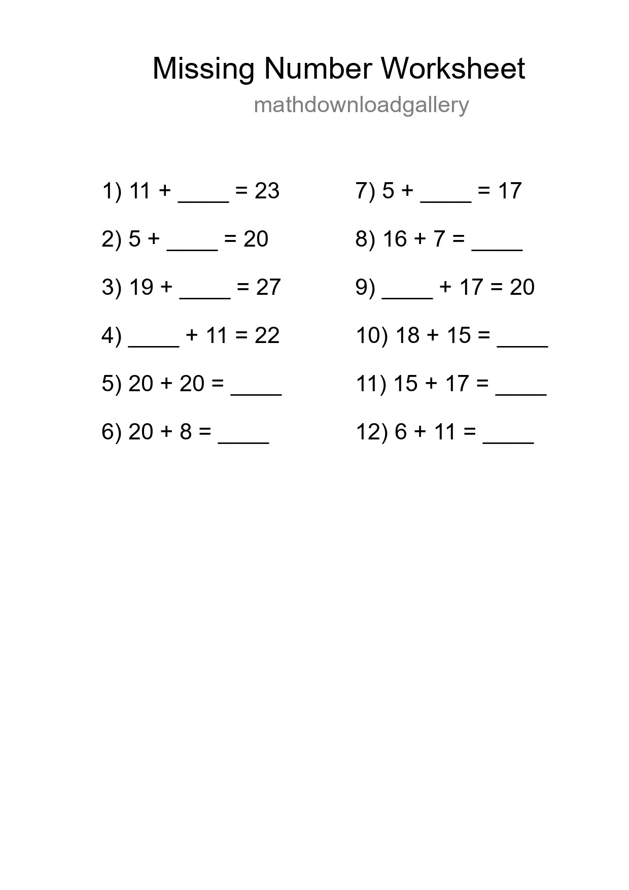 Missing Number Math Worksheet