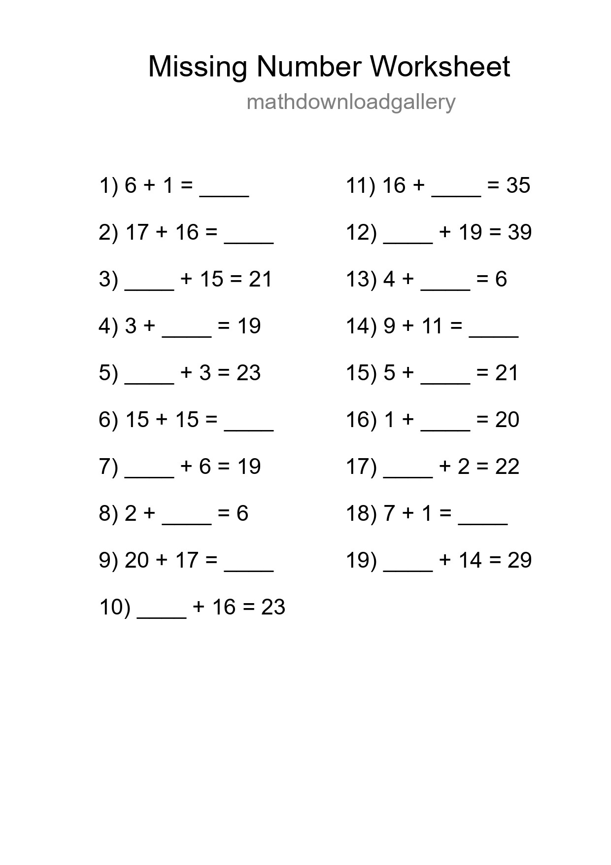 Missing Number Math Worksheet