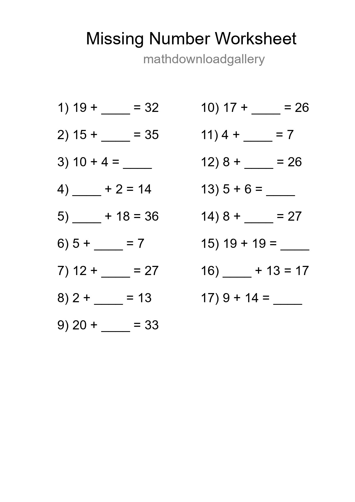 Missing Number Math Worksheet