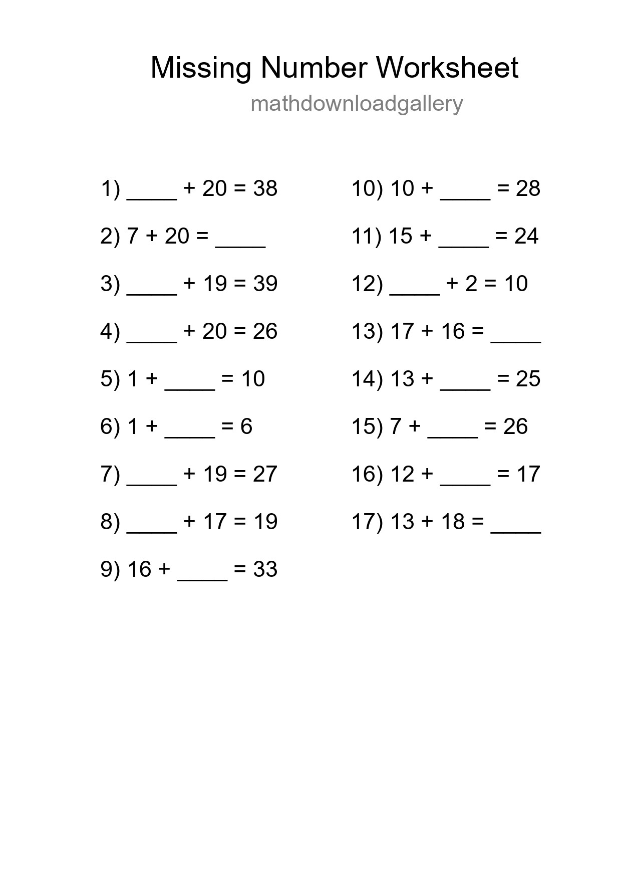 Missing Number Math Worksheet